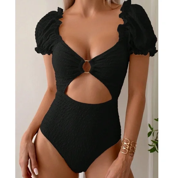 Boho Scoop Neck Puff Sleeve Cut out One Piece Swimsuit Monokini - Picture 8 of 8